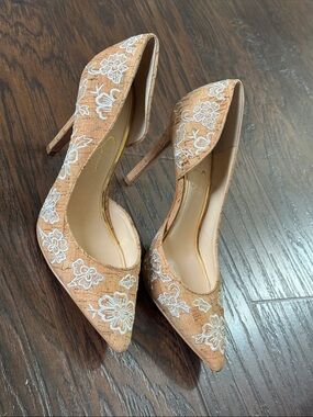 Jessica Simpson Tan Embroidered Pointed-Toe Stiletto Heels